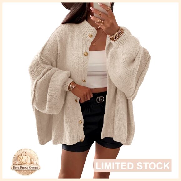 Oversized Cardigan Long Lantern Sleeve Button Down Chunky Knit Sweater Coat